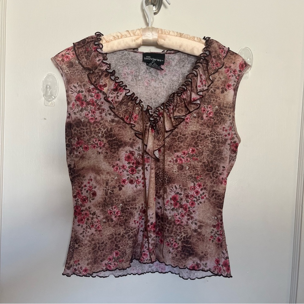 Y2k cheetah rose mesh top